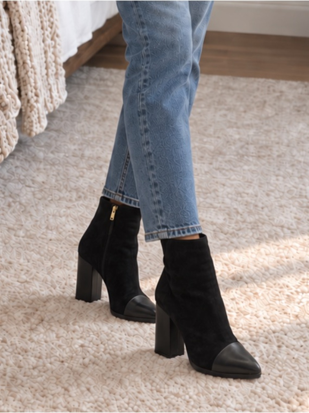 Tory Burch Black Suede Block Heel Ankle Boots with Leather Cap Toe